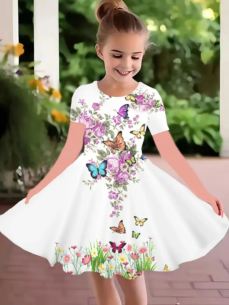 Meisje in een witte jurk met bloemen en vlinders, lachend met een groene achtergrond.