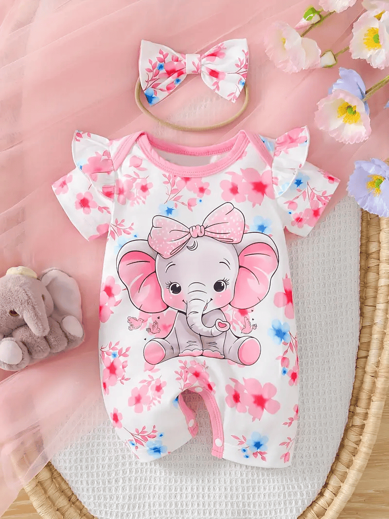 Roze babyromper met olifant en bloemen, inclusief bijpassende haarband.